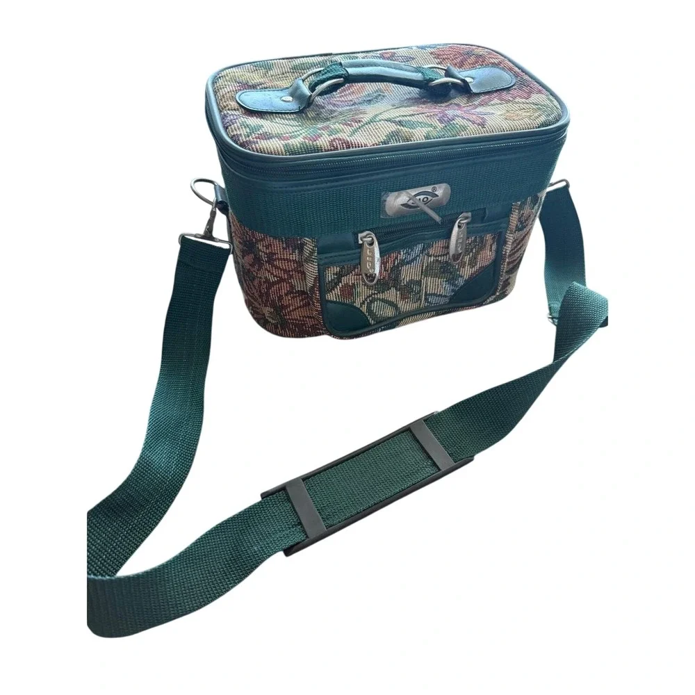JIO Floral Tapestry Train Case Vintage Cottagecore Green Makeup Travel Bag
